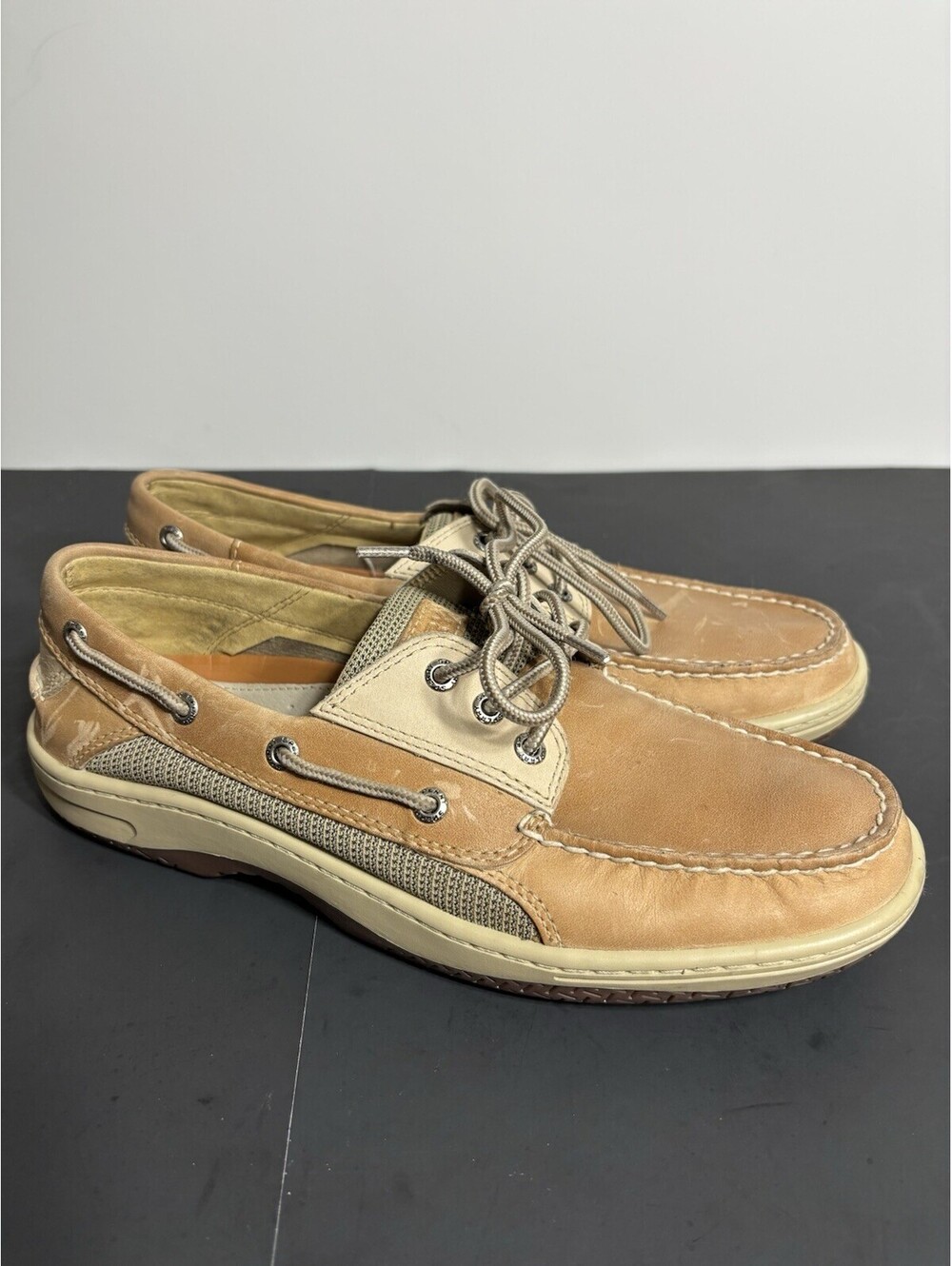 Sperry Men's Billfish 3-Eye Boat Shoe Tan Leather/ Fabric Sz 9.5 Excellent